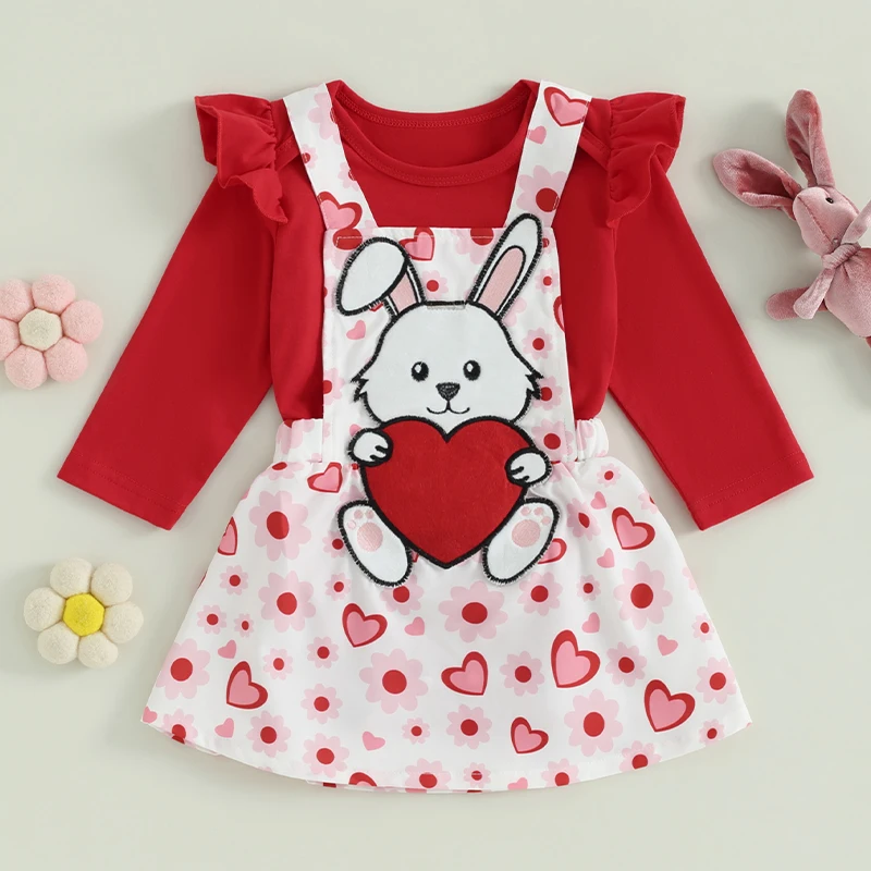 Baby Girl Valentine s Day 2Pcs Outfit Long Sleeve Romper with Bunny Embroidery Suspender Skirt