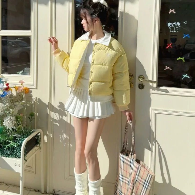 Lady Korean Yellow Fake Two Piece Contrast White Lapel Cotton Coat Women Drop Shoulder Single Buttons Short Warm Padded Jacket