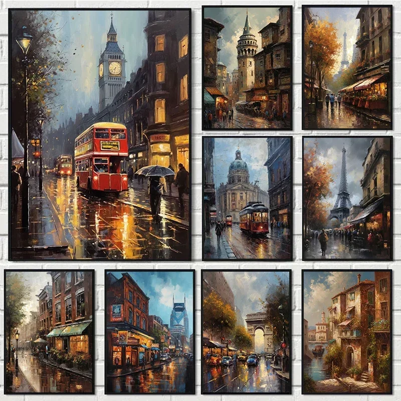 Vintage Cityscapes Style London Paris France Berlin Germany Landscape Poster Canvas Painting Wall Art Picture for Room Decor