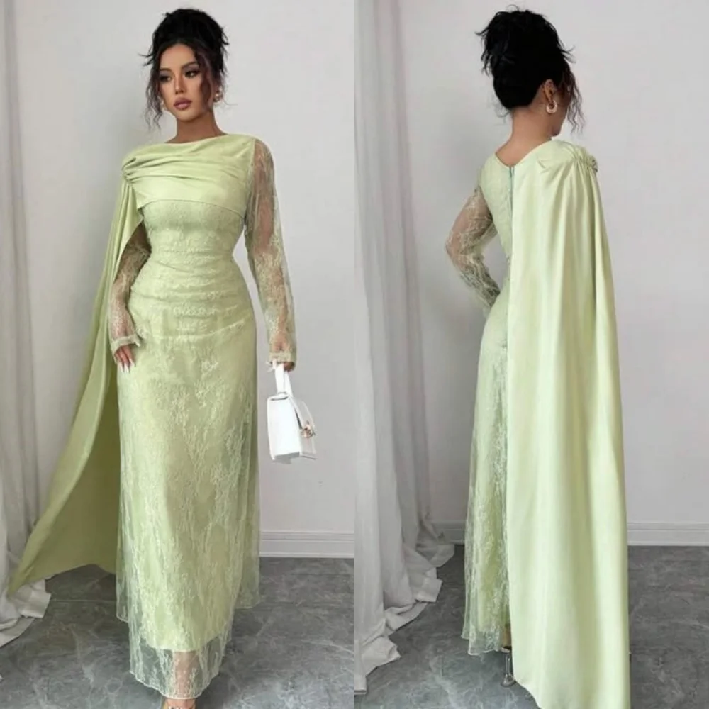 

Customized Elegant Matching Jersey Lace Pleat Straight Scoop Neck Long Dresses Bespoke Occasion Dresses Modern Style Classic
