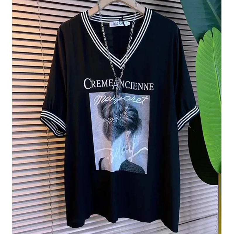 

Fashion V-Neck All-match Printed Letter T-Shirts Women Clothing Summer New Loose Short Sleeve Casual Tops Korean Tee Shirts