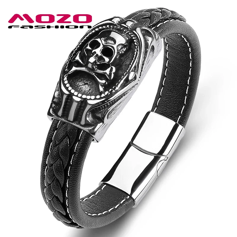 

Leather Stainless Steel Skull Bangles for Men, Trendy Casual Cuff, Skeleton Jewelry, High Quality Gift, New Fashion Bracelets