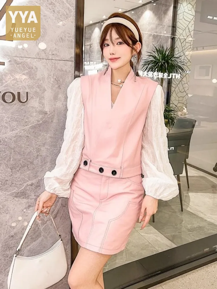 

New Women Fashion Genuine Leather Vest V-Neck Casual Sleeveless Jacket Solid Color Casual Ladies Real Sheepskin Short Waistcoat