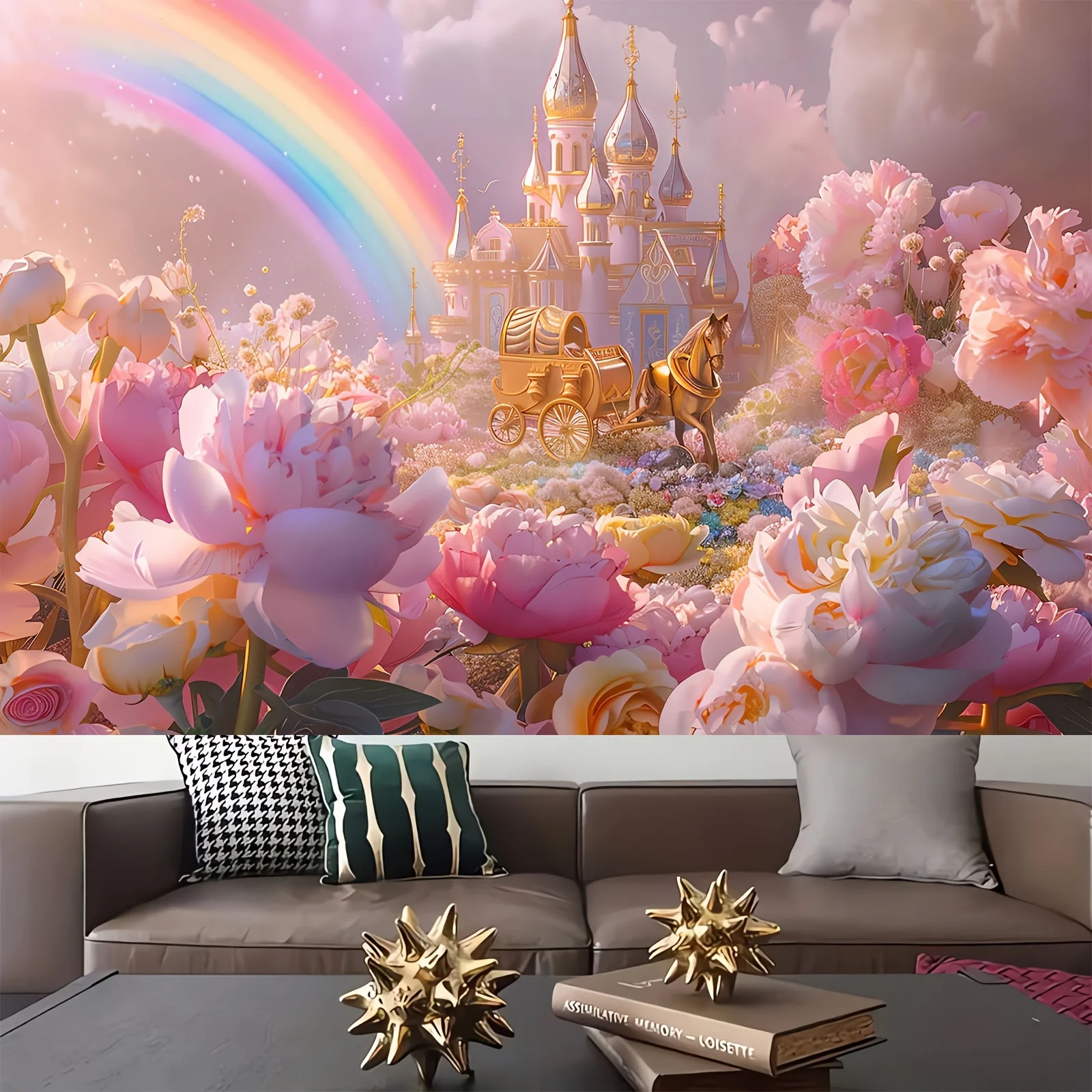 Dream Castle and Flower Dream Photography Background - Polyester Princess Royal Carriage and Rainbow Studio