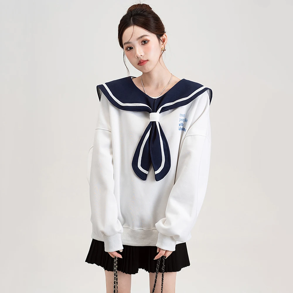 New Women Spring Autumn Preppy Style Sweatshirt Fashion Sailor Collar Drop-shoulder Oversize Pullover Casual Sweet Sweatshirt