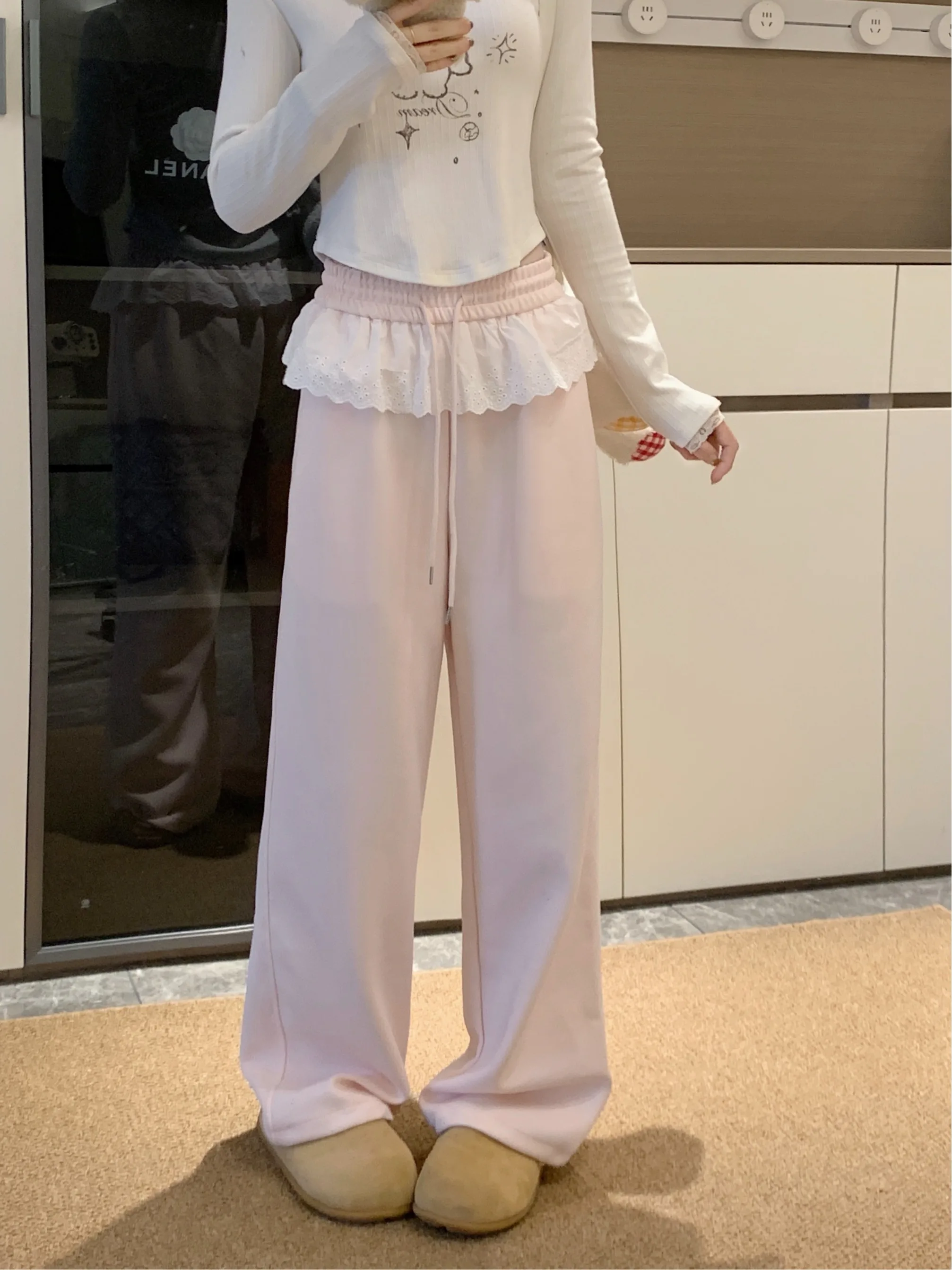 

High Waist Straight Leg Pants plus Size Lace Splicing Loose Casual Wide Leg Long Trousers Autumn Winter New Style for plus Si...