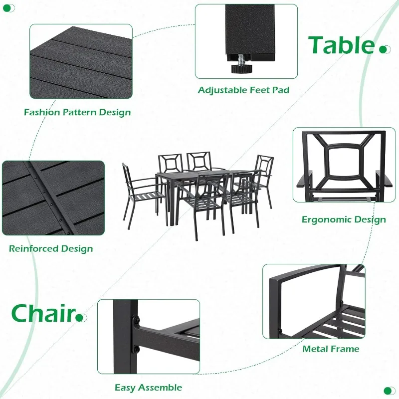 7 Piece Outdoor Dining Set, Patio Table and Chairs Set with Rectangular Aluminum Table and 6 Metal Stackable Chairs for
