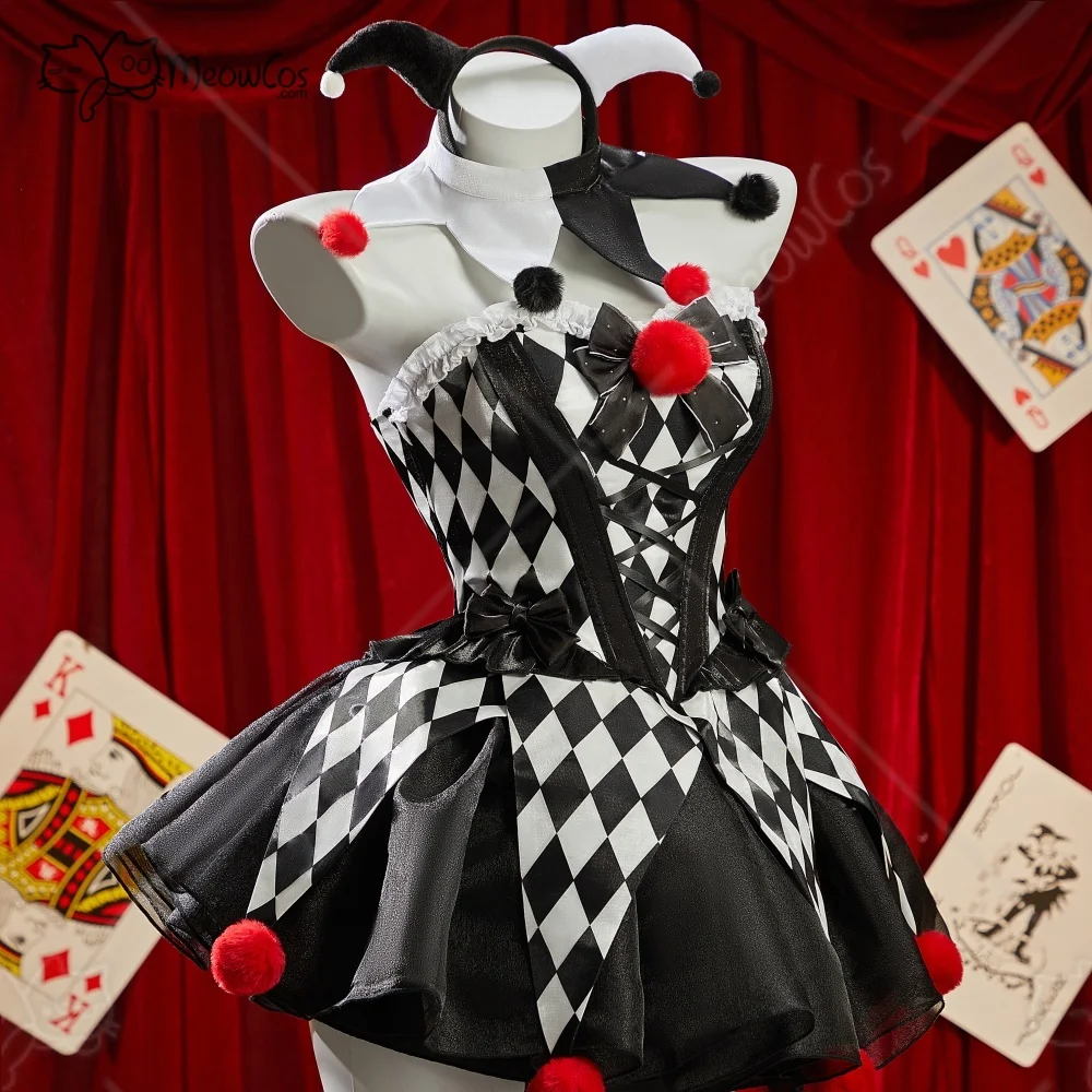 Meowcos.com Women's Moonlit Jester Gothic Plaid Clown Corset Skirt Set Black White Diamond Pattern Top and Puffy Skirt Halloween view 3