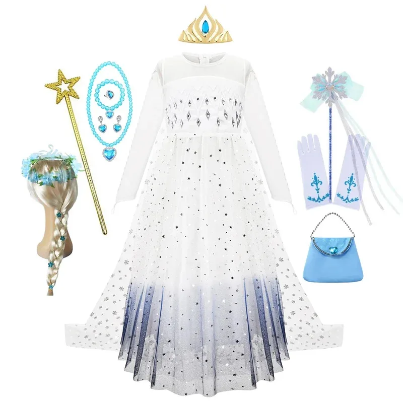 เด็กคอสเพลย์ชุดเจ้าหญิงสาวราชินีหิมะสีขาวแฟนตาซีเด็กงานแต่งงานแขนยาวปลอมตัวฮาโลวีนเอลซ่าชุด hg.k85