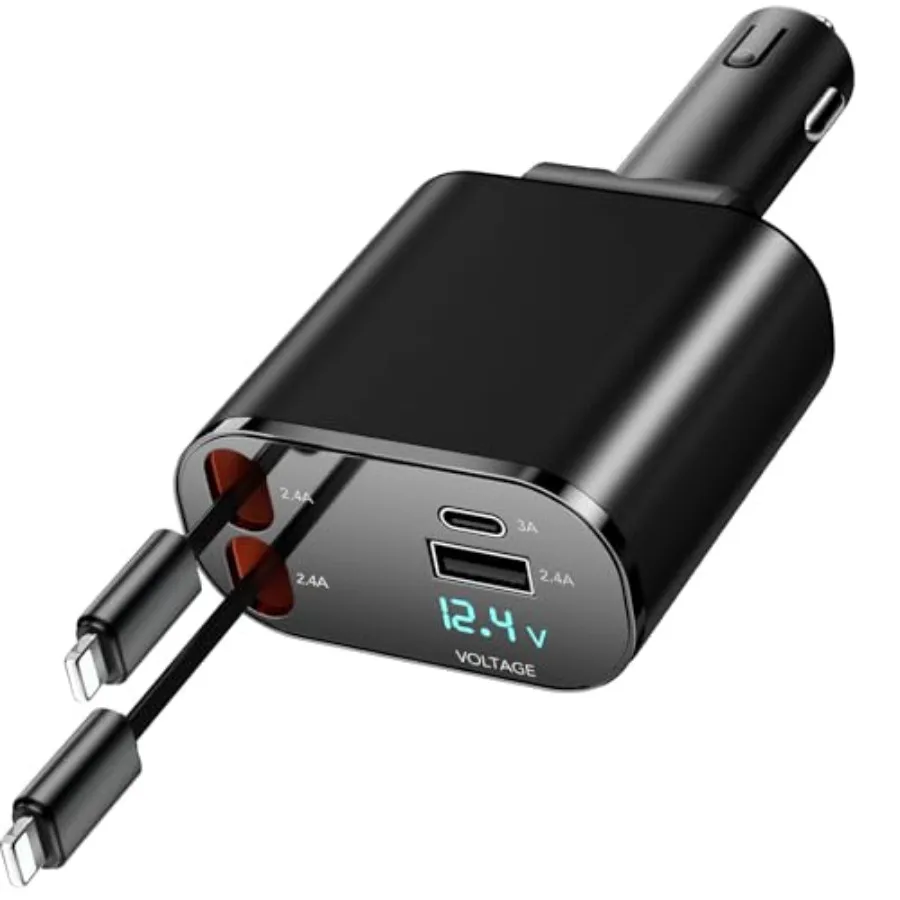 

60W Fast Charging Car Charger for iPhone, 4-in-1 Retractable Phone Charger, Travel Essentials, Gifts for Women Men, Car Accesso