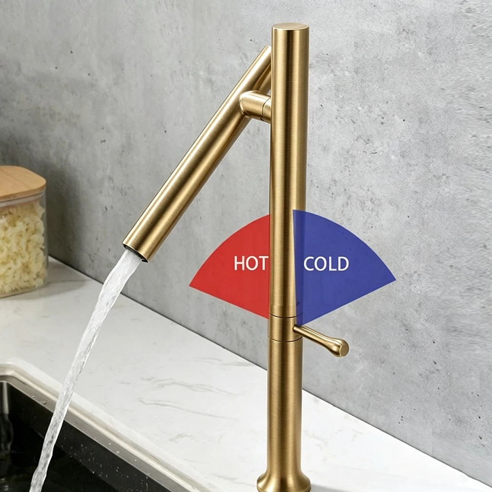 Brushed Gold Kitchen Faucet 360°Rotating Spout High Body Single Handle Hot Cold Mixer Tap Crane Deck Mount for Kitchen Sink