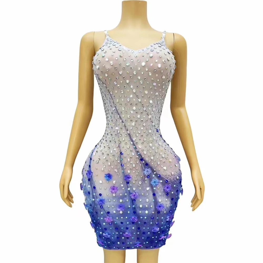 Sexy Brilliant Blue Flowers AB Rhinestones Flashing Dress Birthday Photography Outfit Singer Wedding Graduation Photoshoot Dress