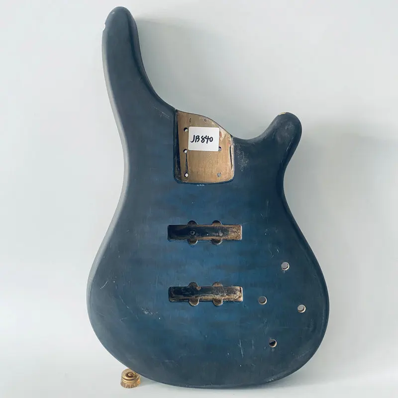 JB840 Matte Blue Flamed Maple Top with Solid Wood Unfinished Jazz Bass Body Right Hand for Electric Bass Replace DIY