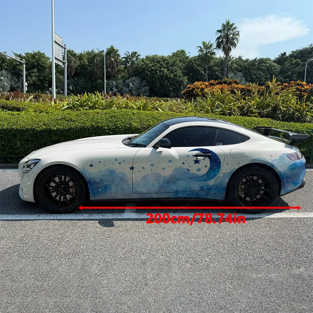2pcs Blue Gradient Night Sky Moon Car Side Wraps, Self-Adhesive PVC Waterproof & Scratch-Resistant Stickers, Car Accessory Gift