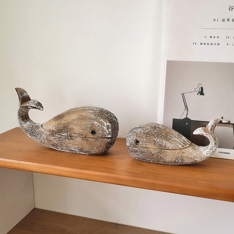 Retro Imitation Wood Whale Ornament Resin Mediterranean Style Home Decor Living Room Study Handicraft Creativity Wood Grain