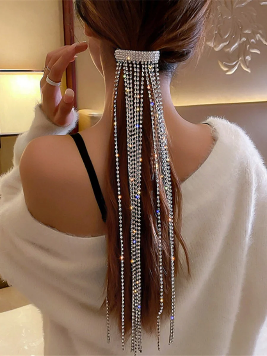 Hair Clip Rhinestone Hair Clips Silver Long Tassel Chain Crystal Ponytail Hair Claw Hair Pins for Women Hair Accessories Jewelry