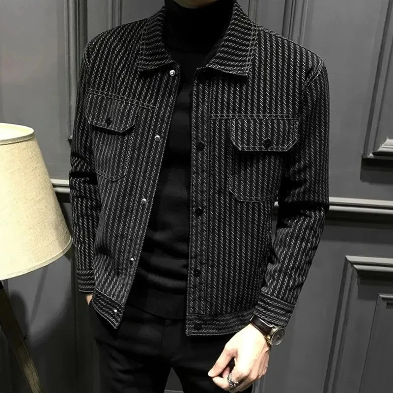 

​ Молодежная мужская куртка с узором «гусиные лапки», осенне-зимняя облегающая уличная одежда с карманами на молнии, модная повседневная одежда в полоску с деталями ​