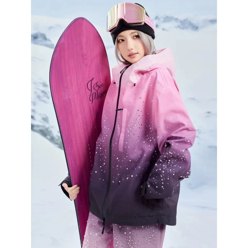 Unisex Gradient Rhinestone-Embellished Ski Suit Set, Waterproof Windproof Insulated Jacket & Bib Pants