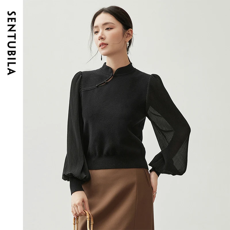 

SENTUBILA Patchwork Puff Sleeve Knitted Sweater Pullover Women 2024 Autumn Chinese Style Elegant Tops Female Knitwear 743H56075