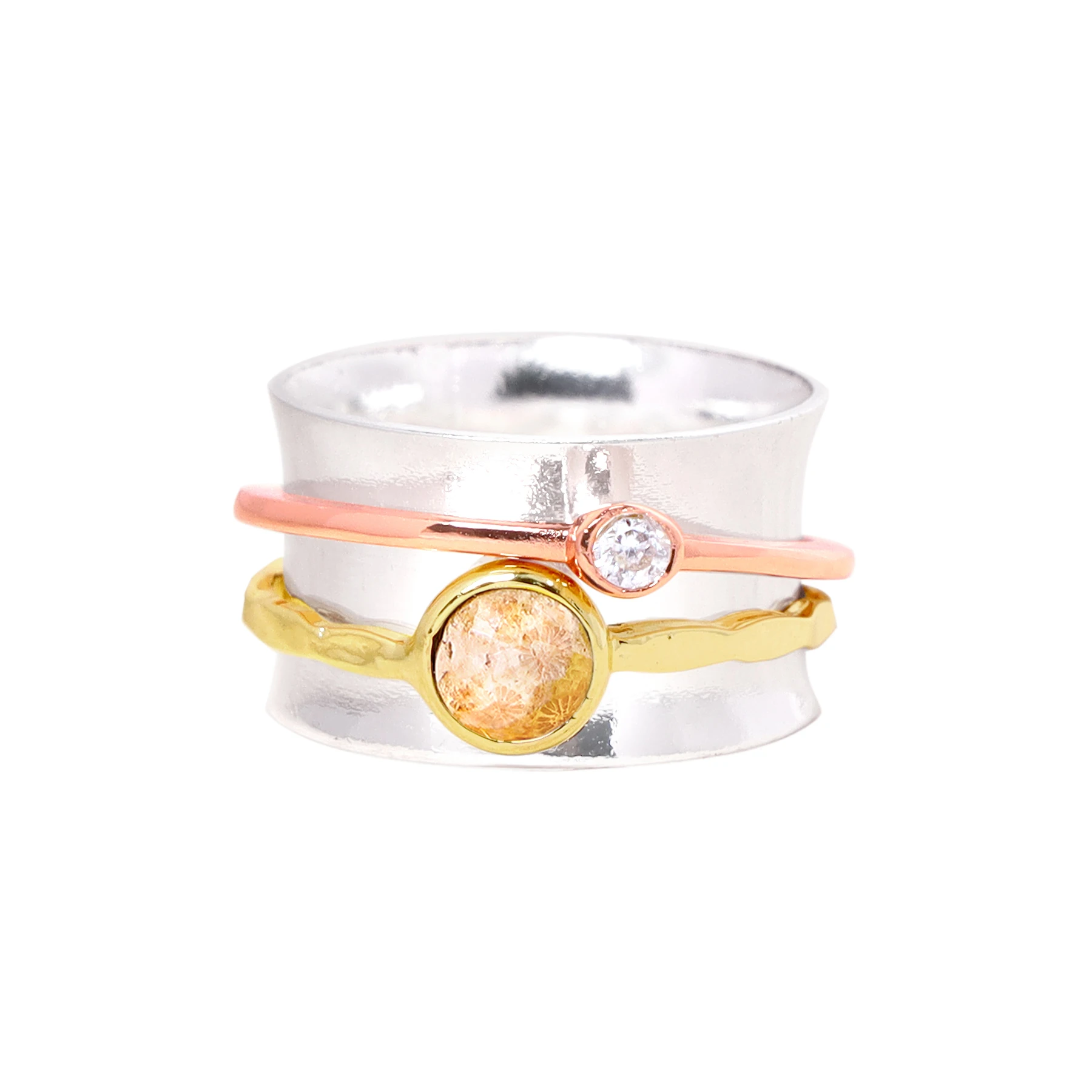 

Handmade Lily Fossil Tri-Color Spinner Ring Natural Stone Spinner Ring for Women