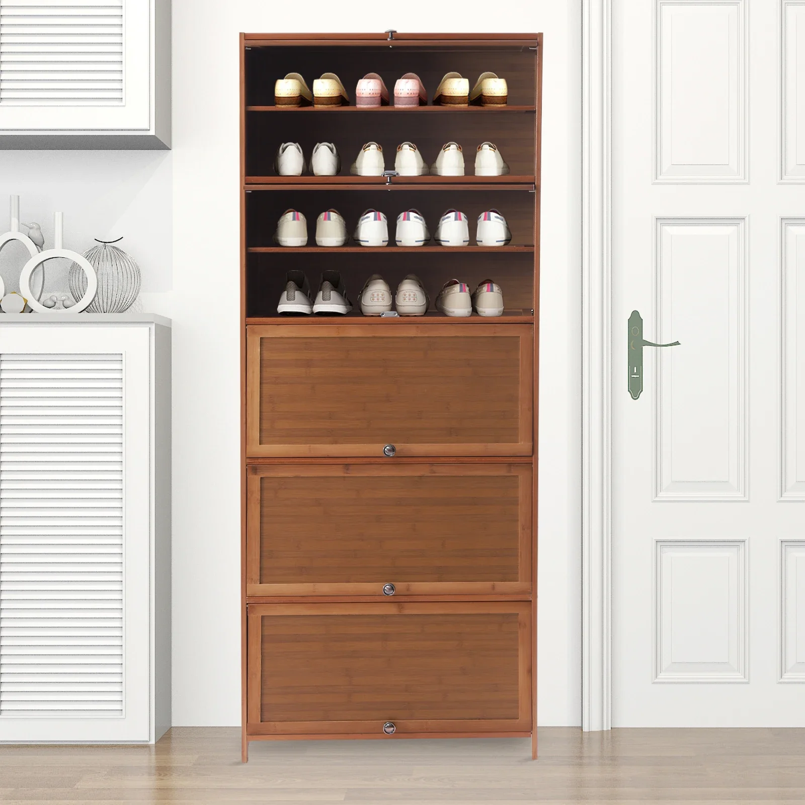 Scarpiera in bambù a 11 livelli con ante: moderno organizer per scarpe marrone per scarpe da ginnastica e stivali, ripiano per ingresso indipendente