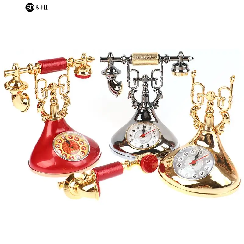 1pc Retro Alarm Clock Telephone Model Creative Timekeeper Desktop Ornament For Home Room Bedside Table Decoration