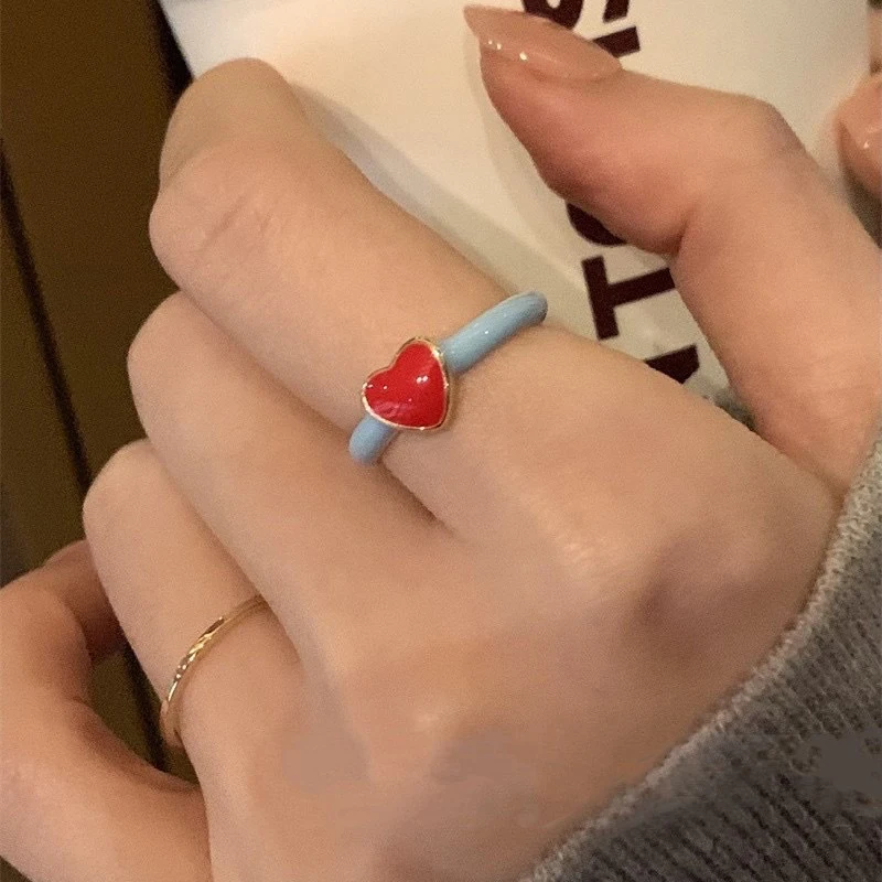 Fashion Delicate Red Blue Heart Contrasting Colors Enamel Rings Personality Plain Ring For Women Girls Jewelry Accessories Gifts