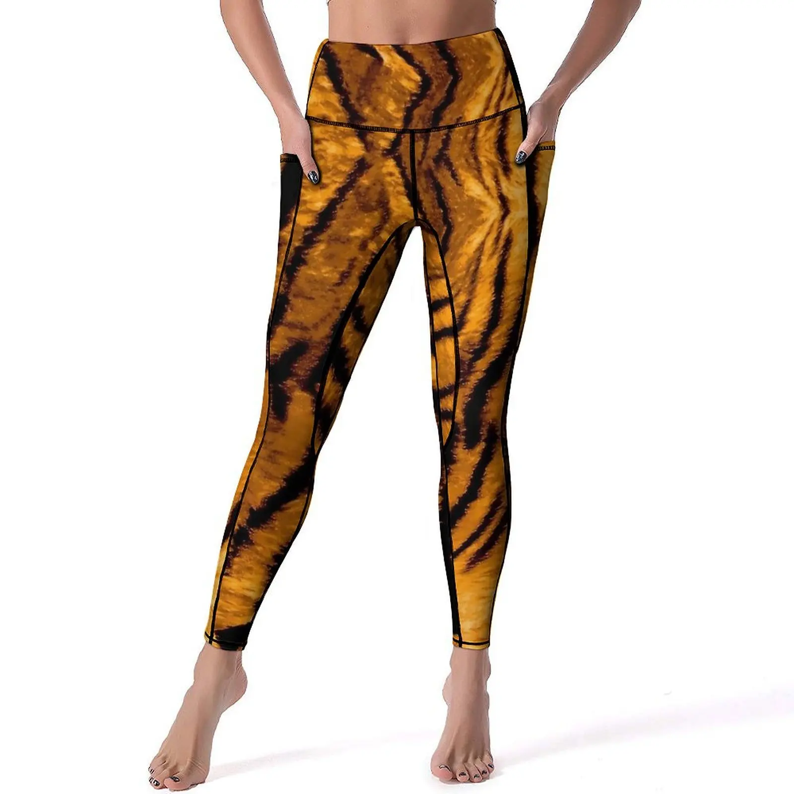 Beautiful Golden Tiger Print Yoga Pants Pockets  Leggings Sexy Push Up Kawaii Yoga Sports Tights Elastic Graphic Gym Leggins