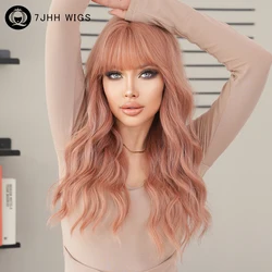 7JHH WIGS Costume Wig Long Loose Water Wave Pink Wig for Women Daily Party High Density Synthetic Layered Wavy Wigs with Bangs