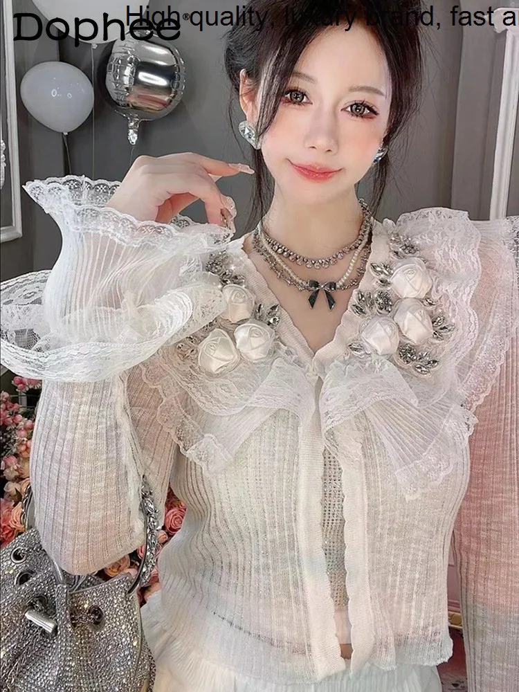 

Exquisite French Style Rhinestone Knitted Cardigan Women 2023 Spring New Sweet Doll Collar 3D Flowers Lace Stitching Sweater Top