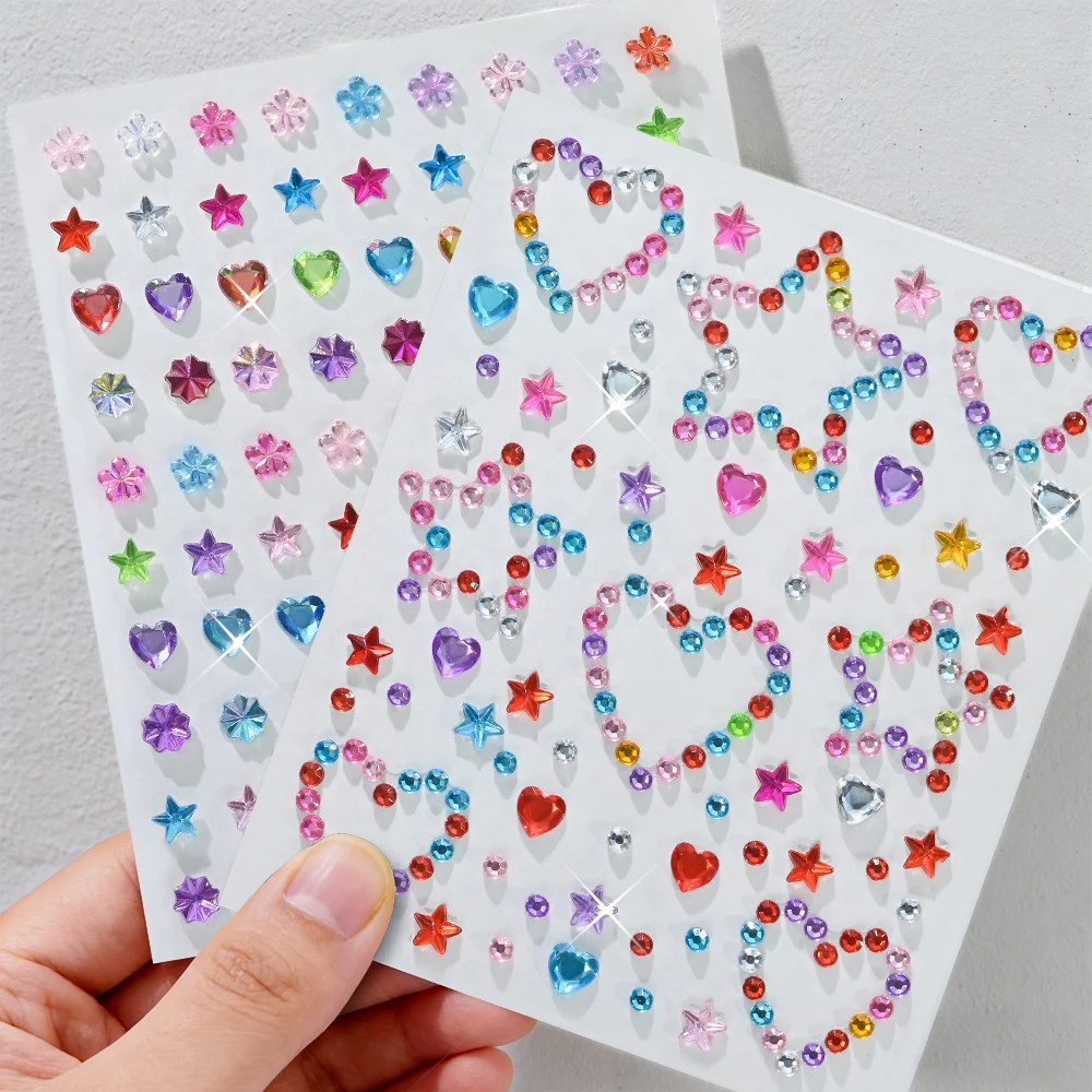 6pcs/Kit 5D Mixed Colorful Diamond Face Gems Stickers Sparkle Stars/Heart/Flower/tear Design Rhinestones For Eyes/Face Stickers