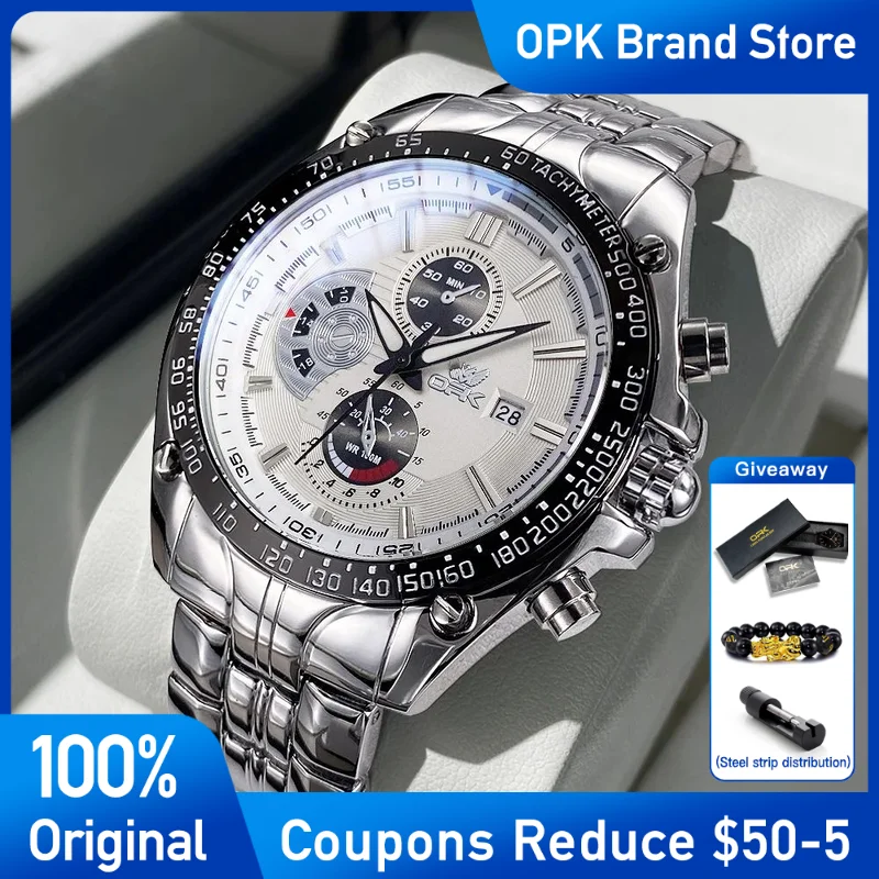 

OPK Mens Watches Brand Stainless steel Men's Wristwatch Waterproof Luminous Calendar Three small dials Quartz Watch Reloj Hombre