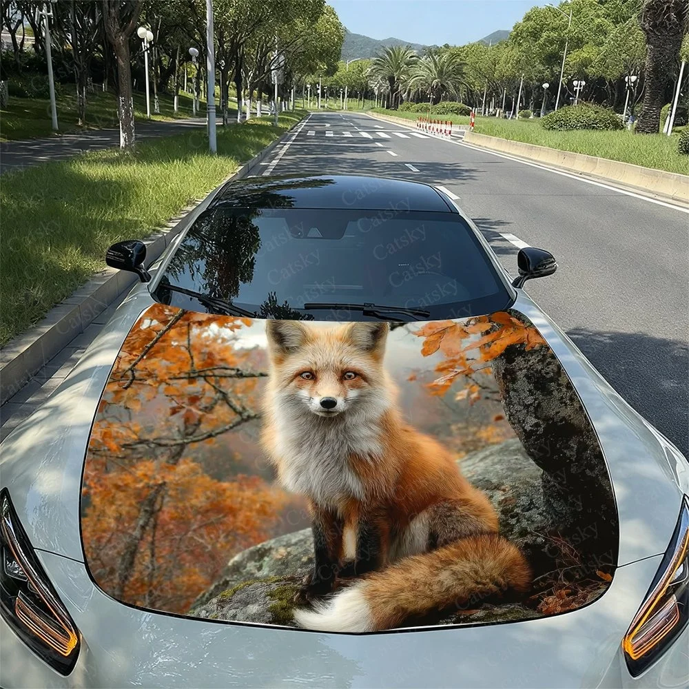 Cute Fox Branch Car Hood Sticker PVC Self Waterproof Stick, Striking Auto Exterior Accessories Decor Protect Gift for Car Lover