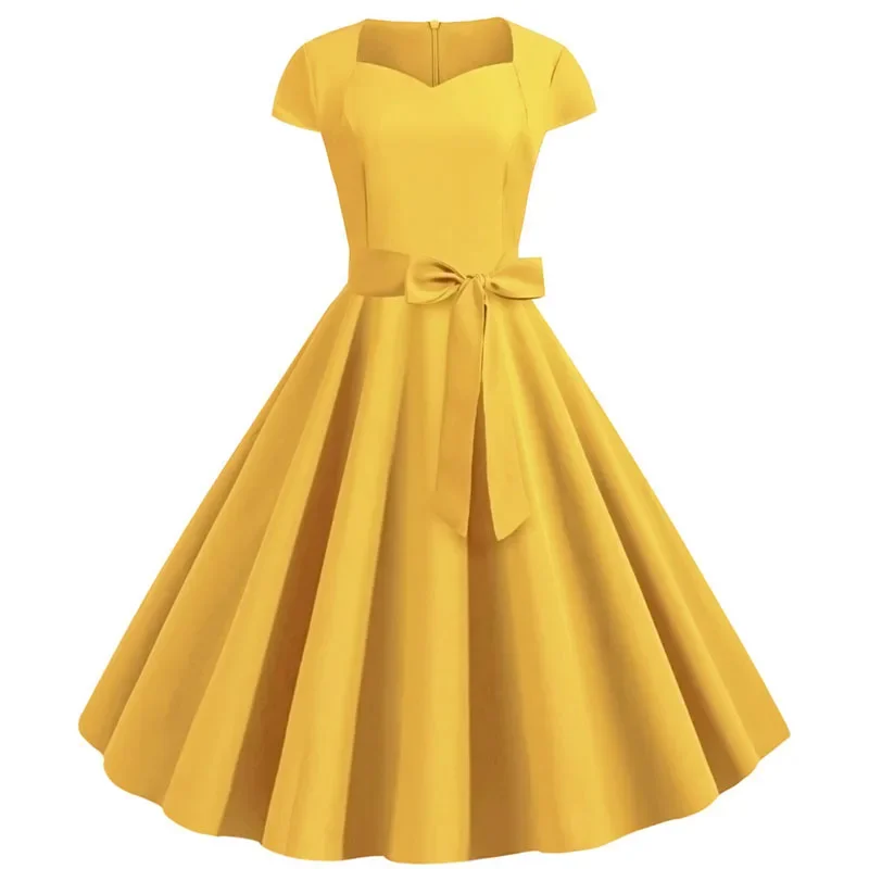 

Solid Yellow 50s 60s Vintage Dress 2024 Summer Women Short Sleeve Square Collar Elegant Tea Office Party Dresses Sundress Belt