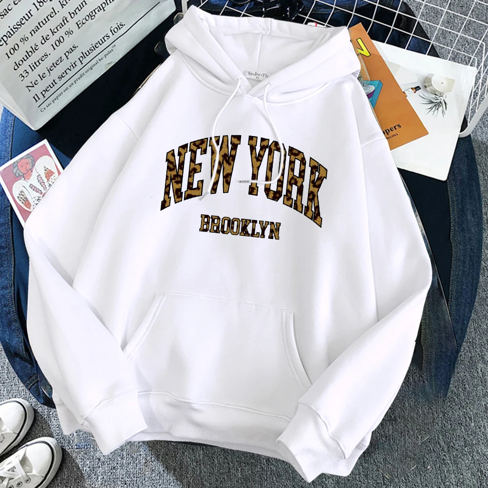 Leopard Print New York Pattern Women Y2K Hoody Creativity Pocket Hoodies Casual Multicolor Hoodie Fleece Oversized Pullovers