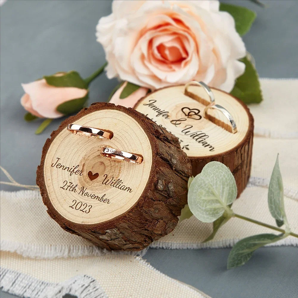 Free Personalised Wooden Double Slot Ring Box for Wedding Ceremony Engagement Anniversary Gift Engraved Ring Bearer Holder Box