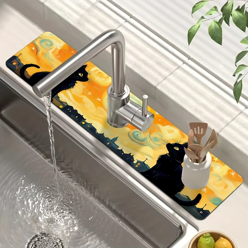 VIKAMA Starry Sky Black Cat Faucet Absorbent Pad Quick Drying Anti Slip Dripping Pad Oil Painting Drainage Pad Home Decoration