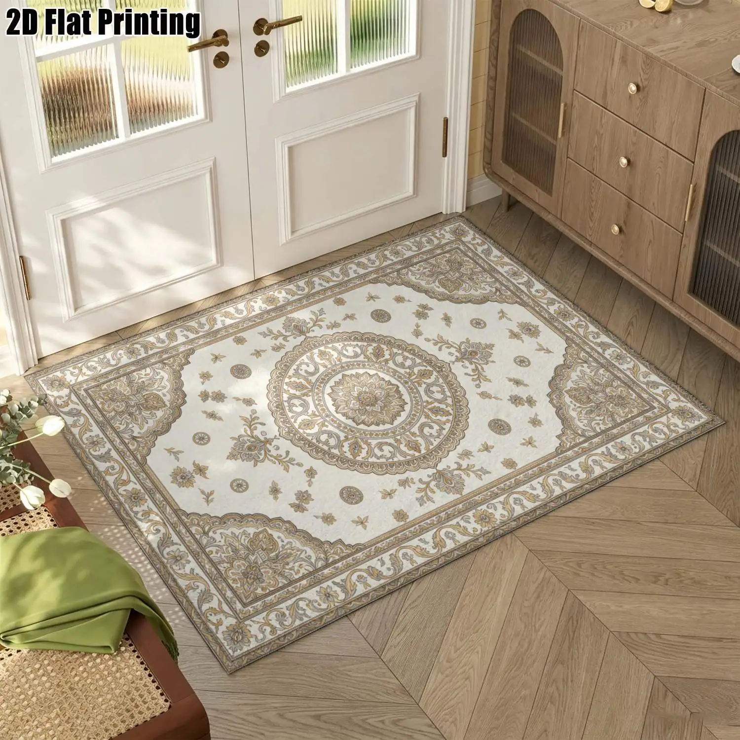 1Pc 2D Printed Carpet: Beige-Brown European Scroll Flower & Grass Pattern, Retro Luxury Home Decor Rug, Washable, Multi-Size for Entrance, Dining, Living, Bedroom Etc