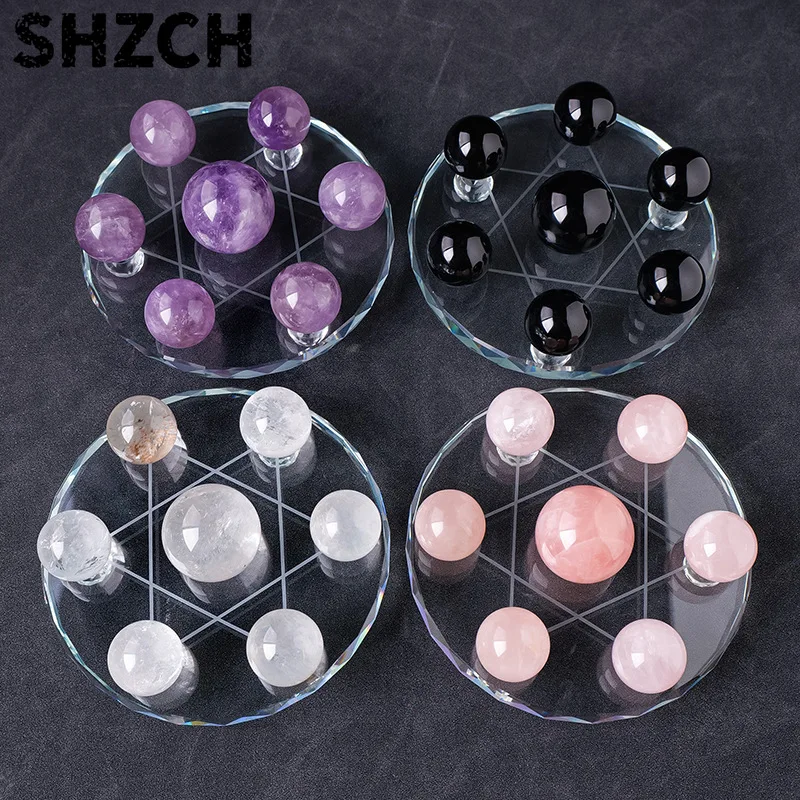 Natural White Purple Pink Crystal Ball. Seven-star Array Obsidian Rough Stone Polished Decorative Piece. Home Decoration Handicr