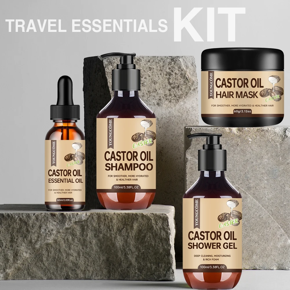 YOUNGCOME Castor Oil Hair Care Set: 3.38oz Shampoo, 3.38oz Shower Gel, 2.03oz Essential Oil, 2.12oz Hair Mask for Hair