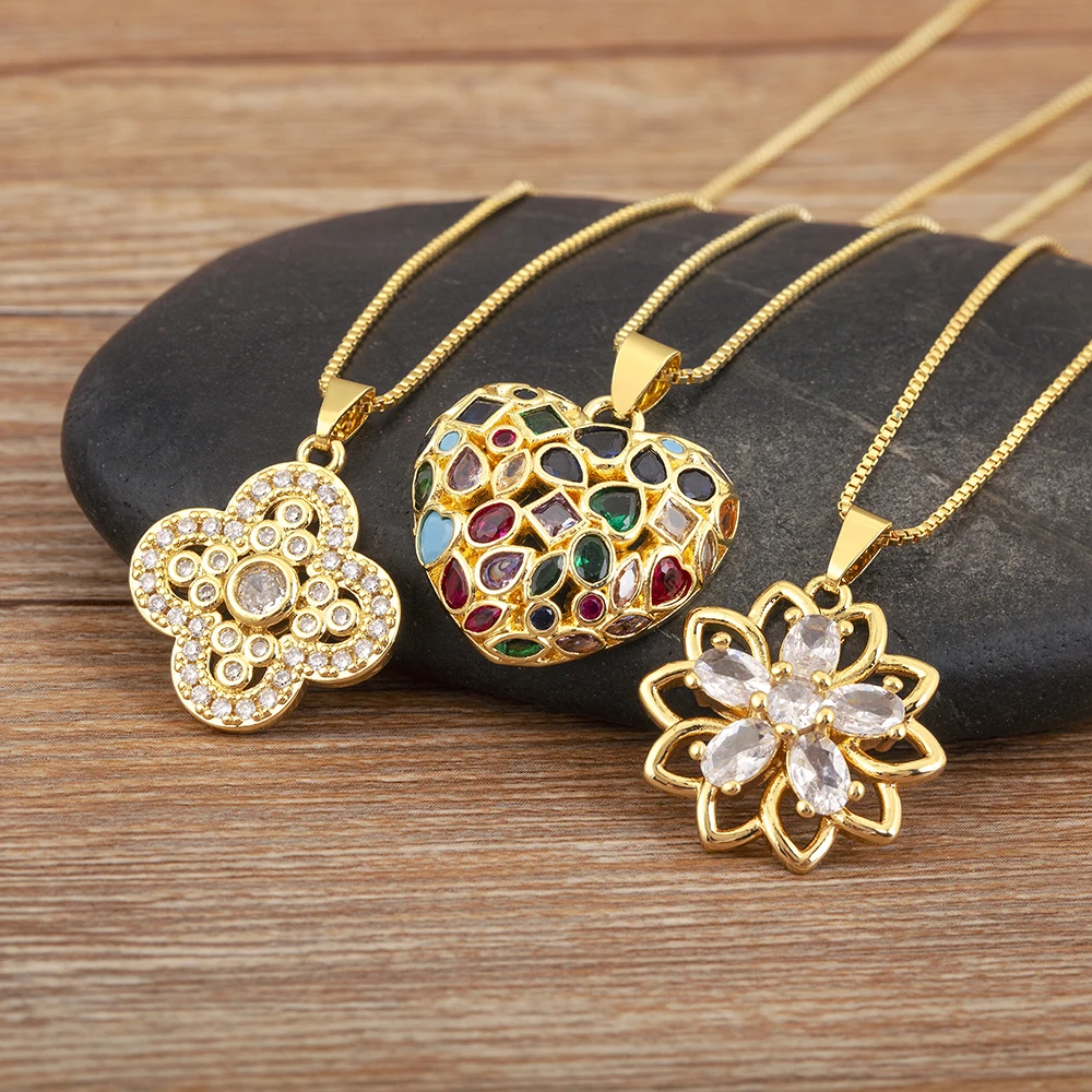 High Quality Romantic Heart/Flower Shape Pave Colorful Zircon Delicate Pendant Necklace For Women Men Sweet Jewelry Accessories
