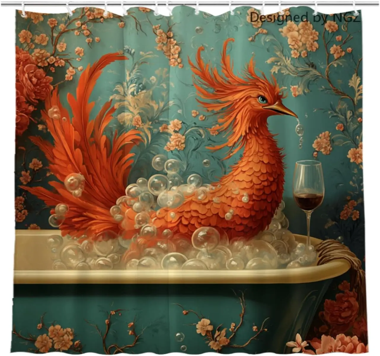 Funny Phoenix Bird Shower Curtain, Teal Green SPA Wine Print, Waterproof Bath Curtain Modern Aesthetic Bathroom Decor with Hooks