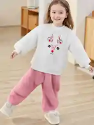Sweet and cute two-piece children's girls Winter Lamb wool round neck deer embroidered thermal top Pink bunched feet pantsuit
