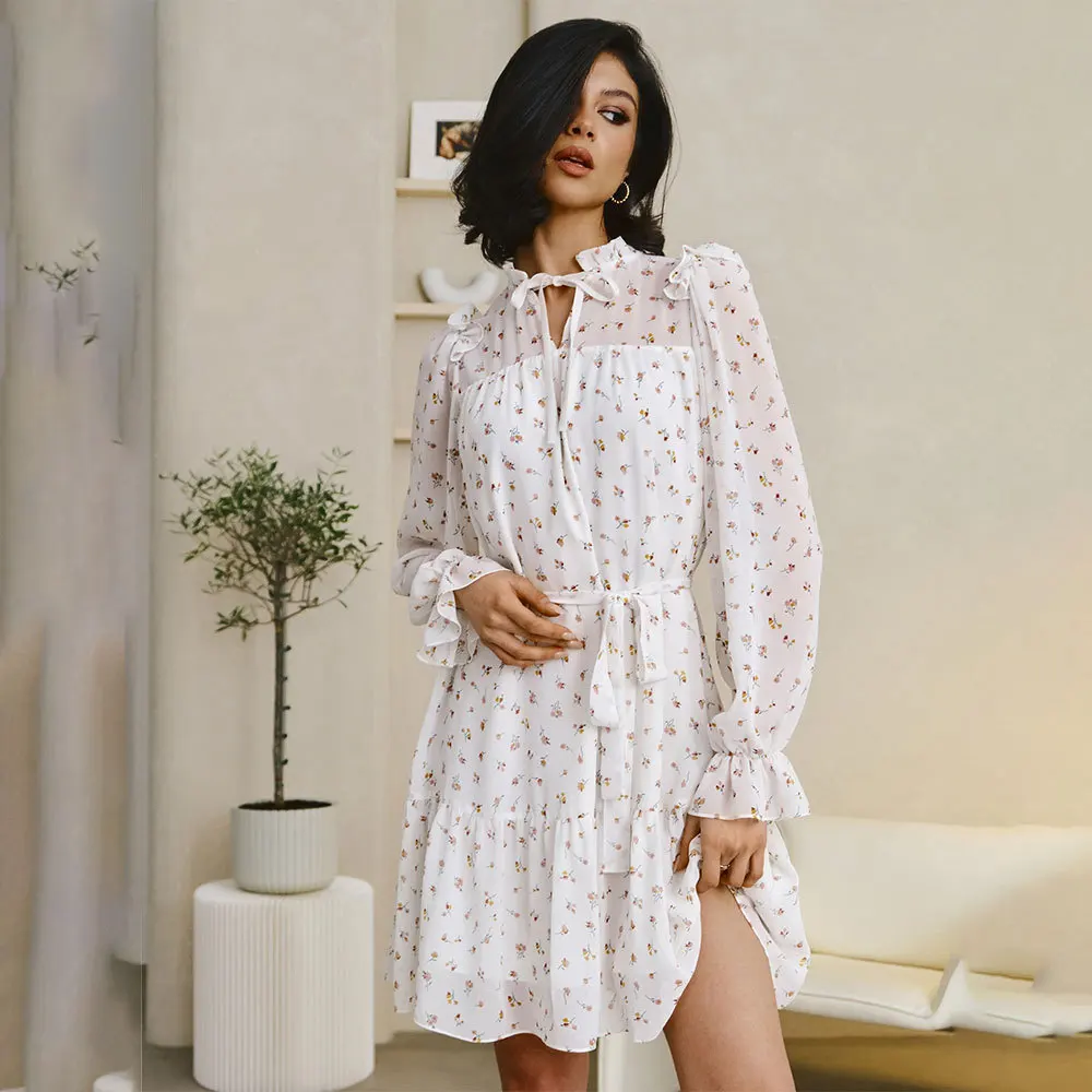 

Floral Dress For Women 2024 With Ruffled Neckline Straps, Bubble Sleeves, Short Chiffon Flared Skirt