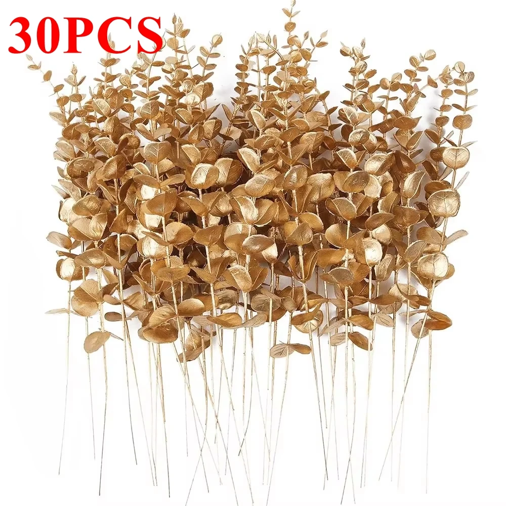 15/30pcs Artificial Plants Golden Eucalyptus Leaves Christmas Tree Filler Outdoor Wedding Garden Party Home Table DIY Decoration
