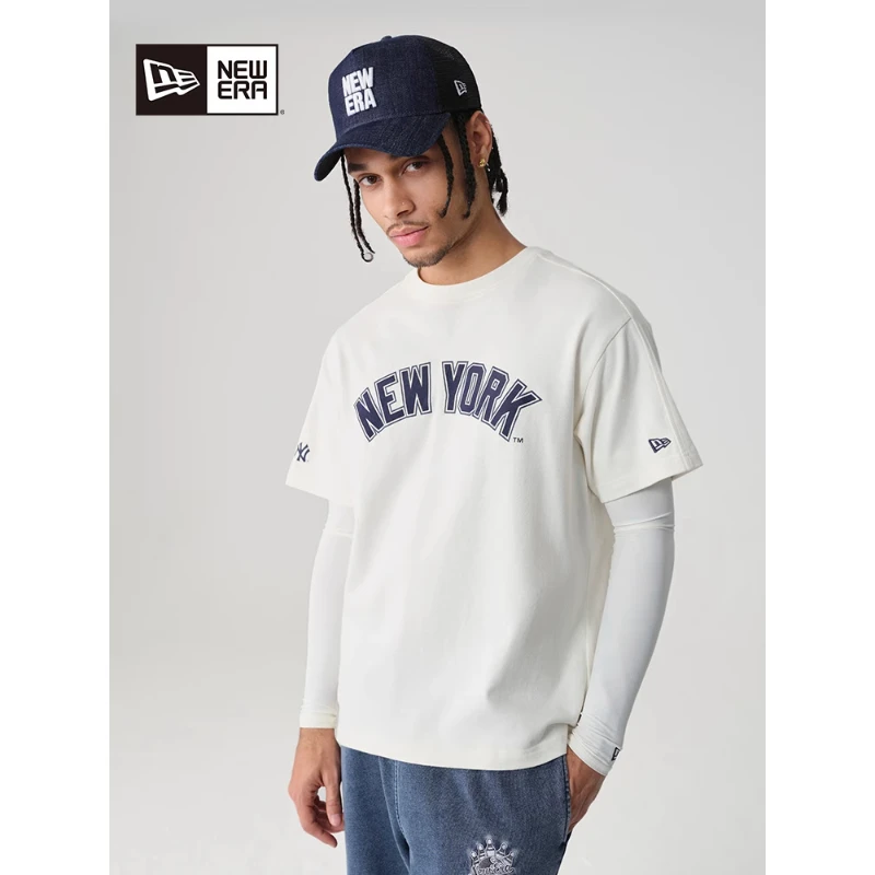New Era Ss25 Comfortable Functional Series Mlb Super Loose Casual Letter Printed Round Neck Short-Sleeved T-Shirt for Men and Women Ivory White