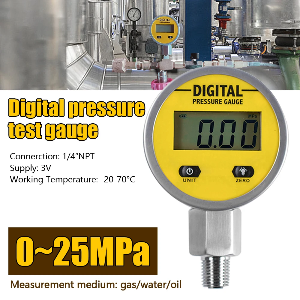 Digital Display Pressure Gauge Oil Hydraulic Pressure Measurement Meter Gas Water Air Oxygen 3V 250BAR/25Mpa 2 Points Thread