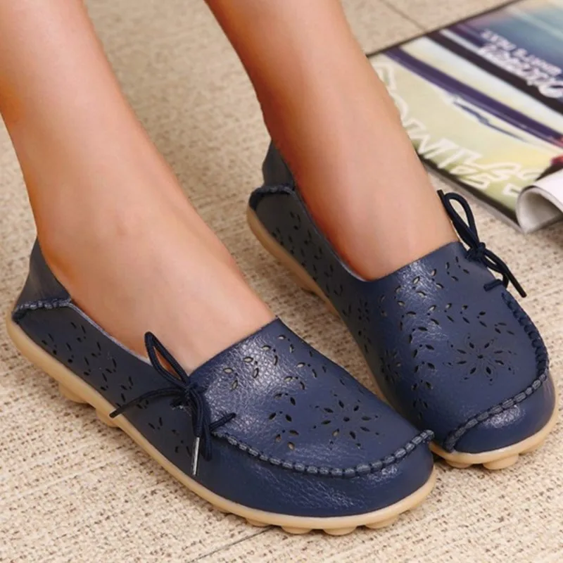 Flats Shoes Woman Fashion Hollow Bowtie Women's Loafers Plus Size Moccasins Genuine Leather Shoes Footwear Zapatos De Mujer