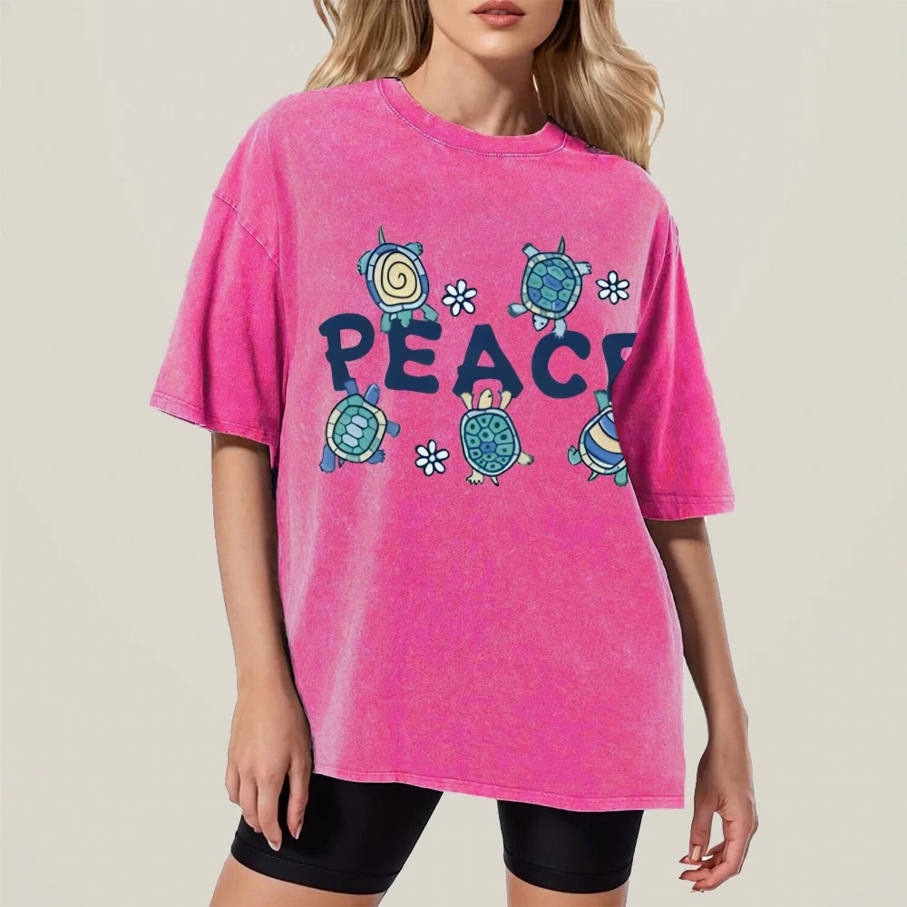 Peace Sea Turtles Shirt Women Cotton Graphic Shirts Vintage Washed T-Shirt Retro y2k Clothes Trendy Women Clothing Tops