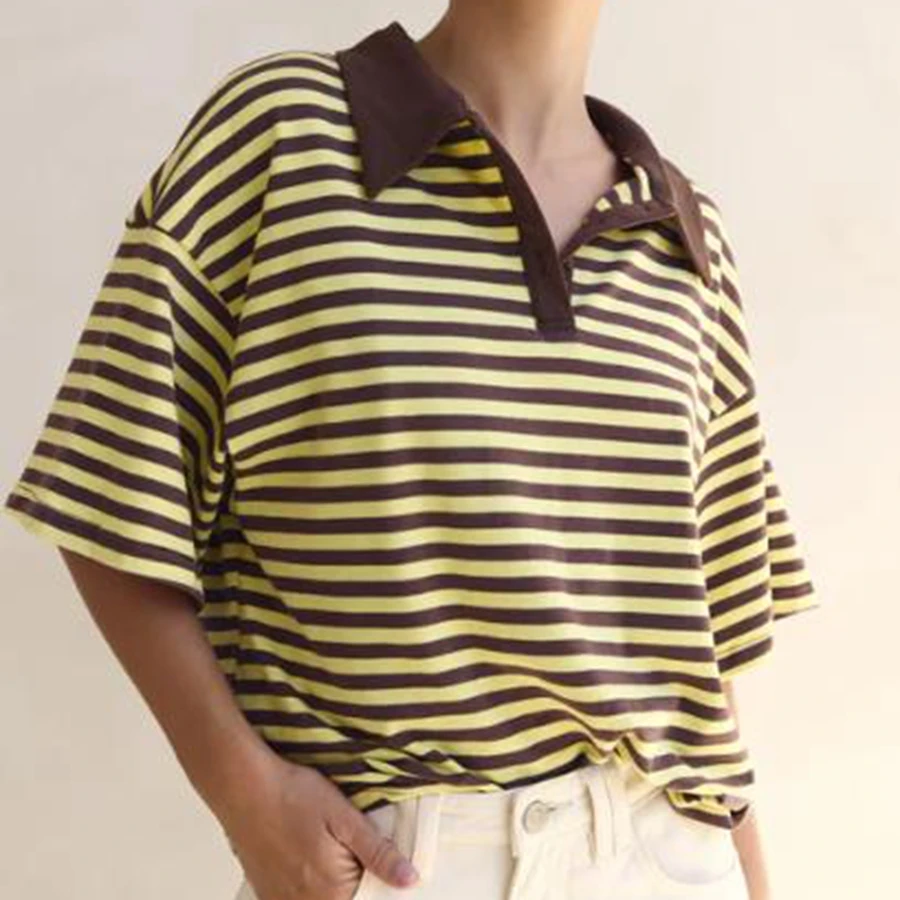 여성용 초콜릿 브라운 칼라 옐로우 스트라이프 반팔 셔츠 캐주얼 경량 티셔츠 스타일리시 버튼 다운 셔츠
